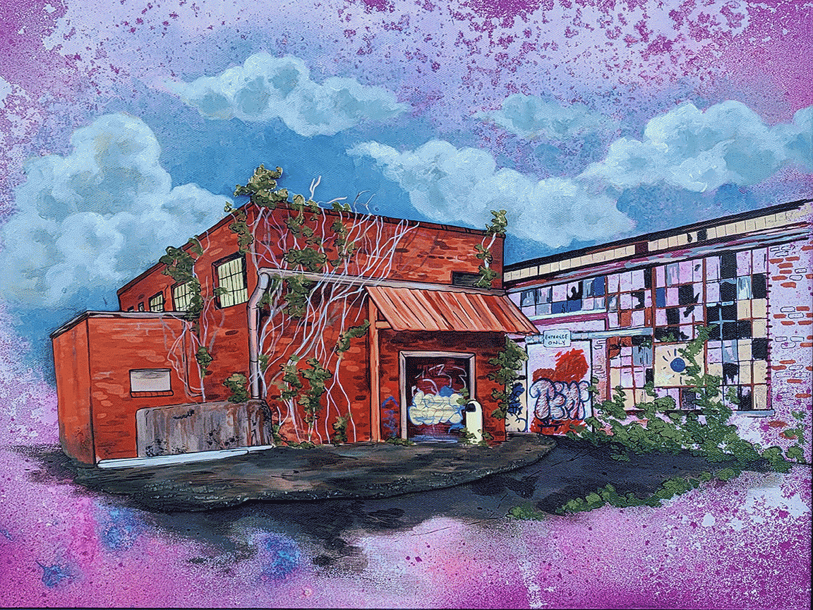 Painting of warehouse with vines growing over it. The background starts with clouds and concrete around the building but fades into abstract colors.