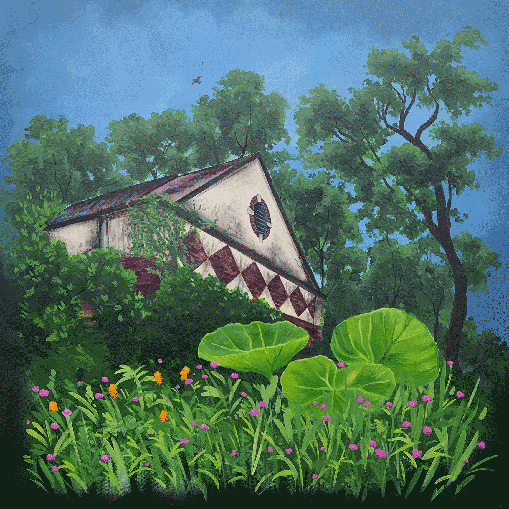 Painting of a building poking out from shrubbery. Brightly colored plants on flowers fill the foreground.