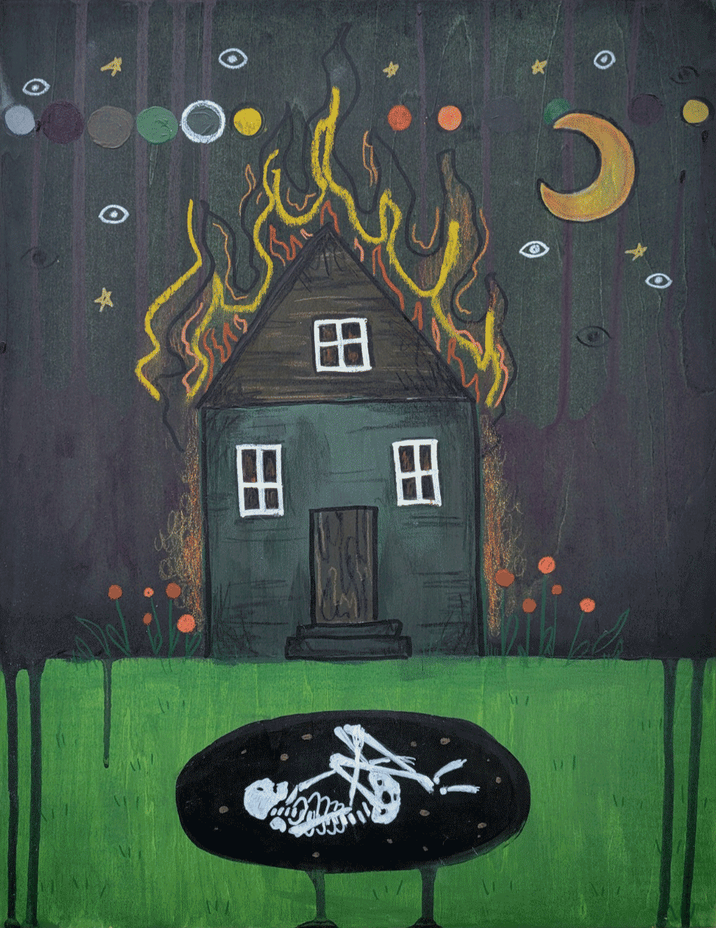 painting of a burning house with a skeleton curled up in the ground beneath it. A moon, colorful circles, and simple drawings of eyes populate the sky.