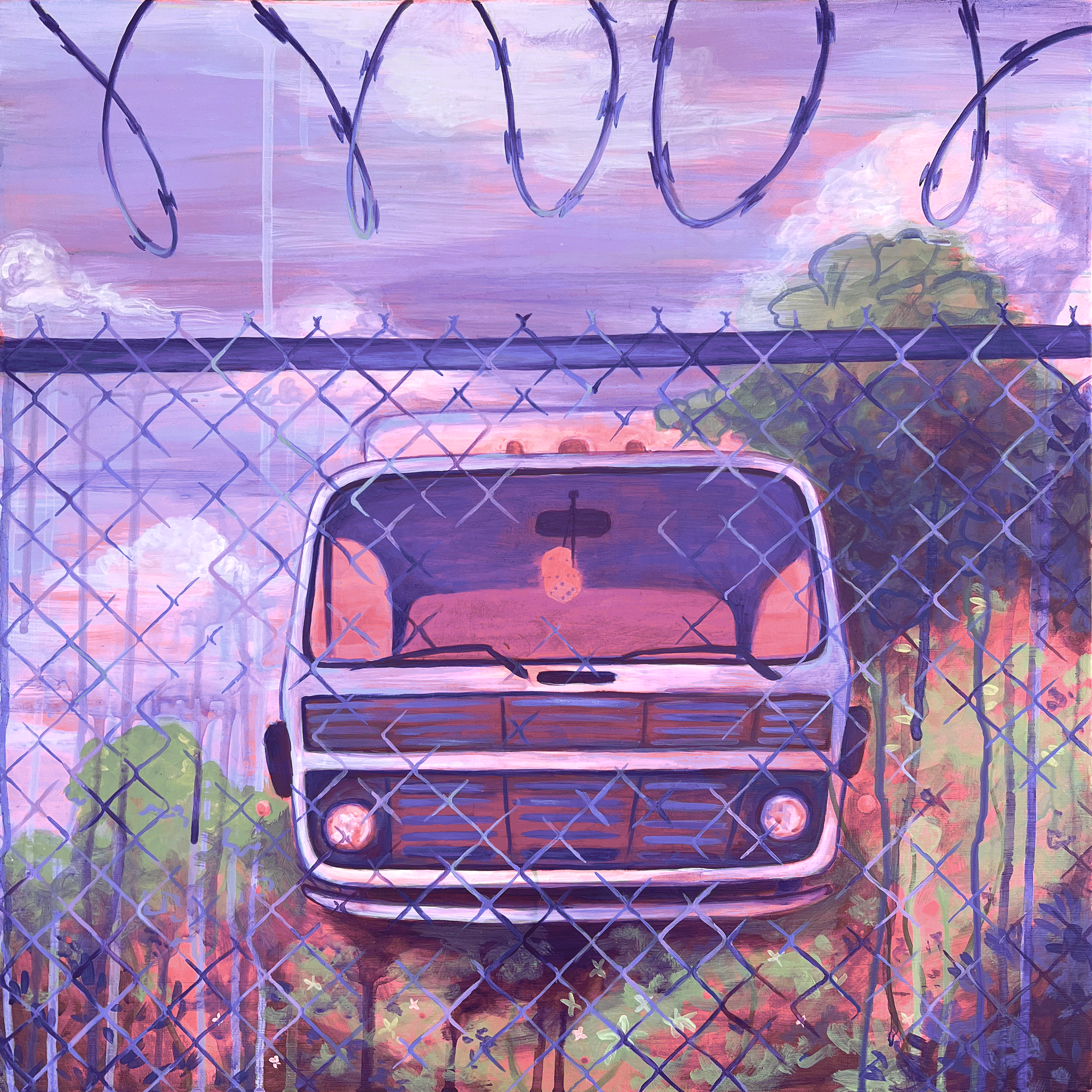 Painting of a a box truck with a chain link fence in front of it