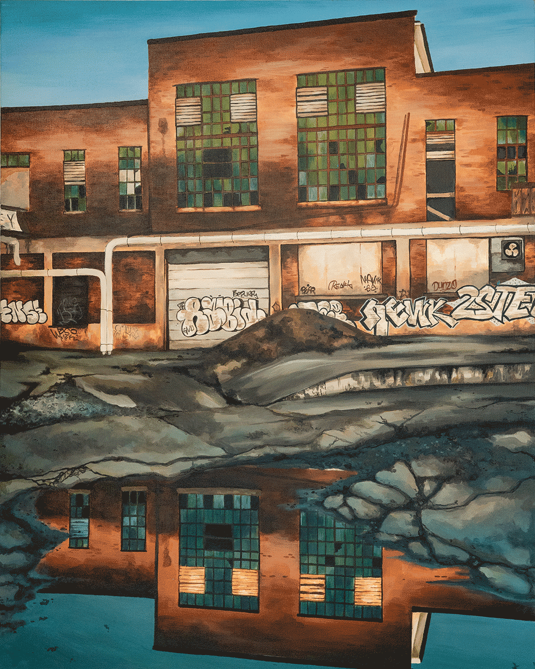 Painting of abandoned warehouse, the bottom third is a puddle showing the reflection of the building in the top half
